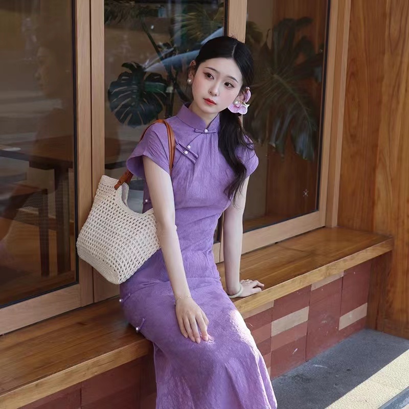 507-紫色 温柔 连肩 复古 改良 旗袍 【扣子以直播间 为主】