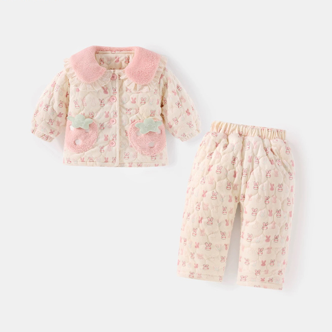 女童三层夹棉睡衣秋冬款2025新款宝宝冬季小童加绒儿童冬装家居服