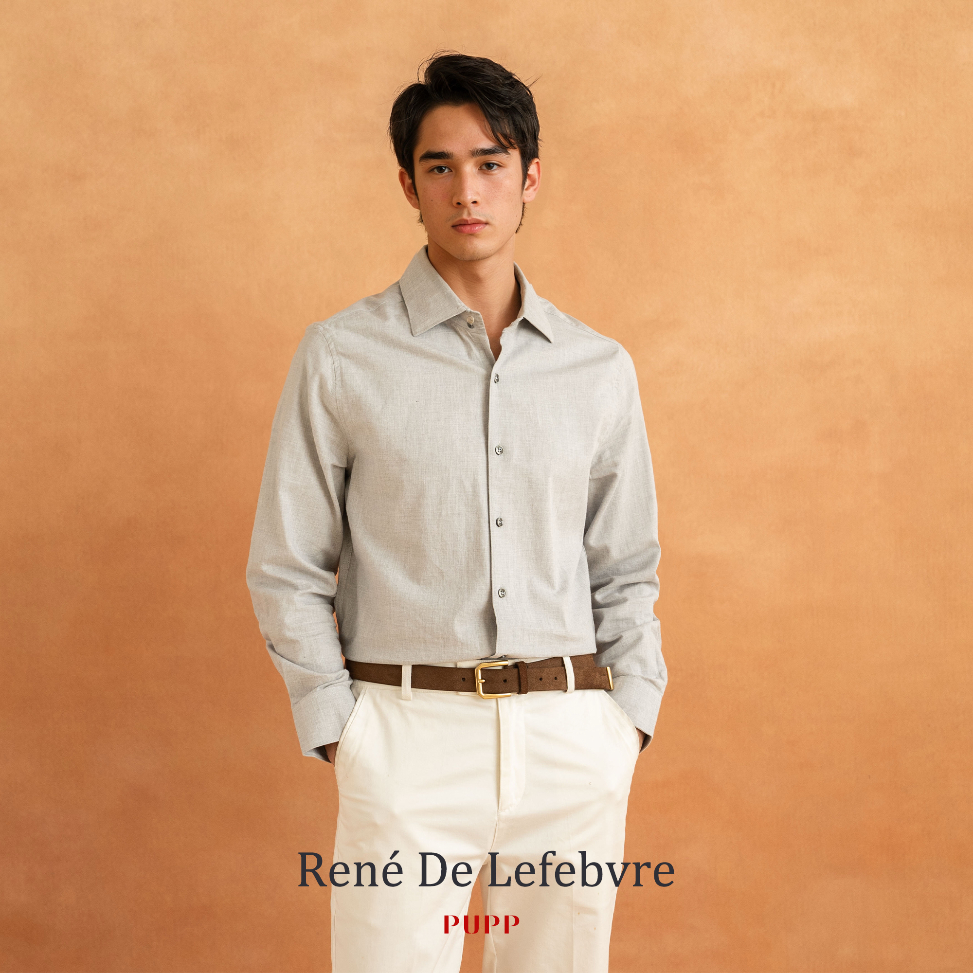 René De Lefebvre男士休闲老钱风商务一字温莎领灰色长袖衬衣衬衫