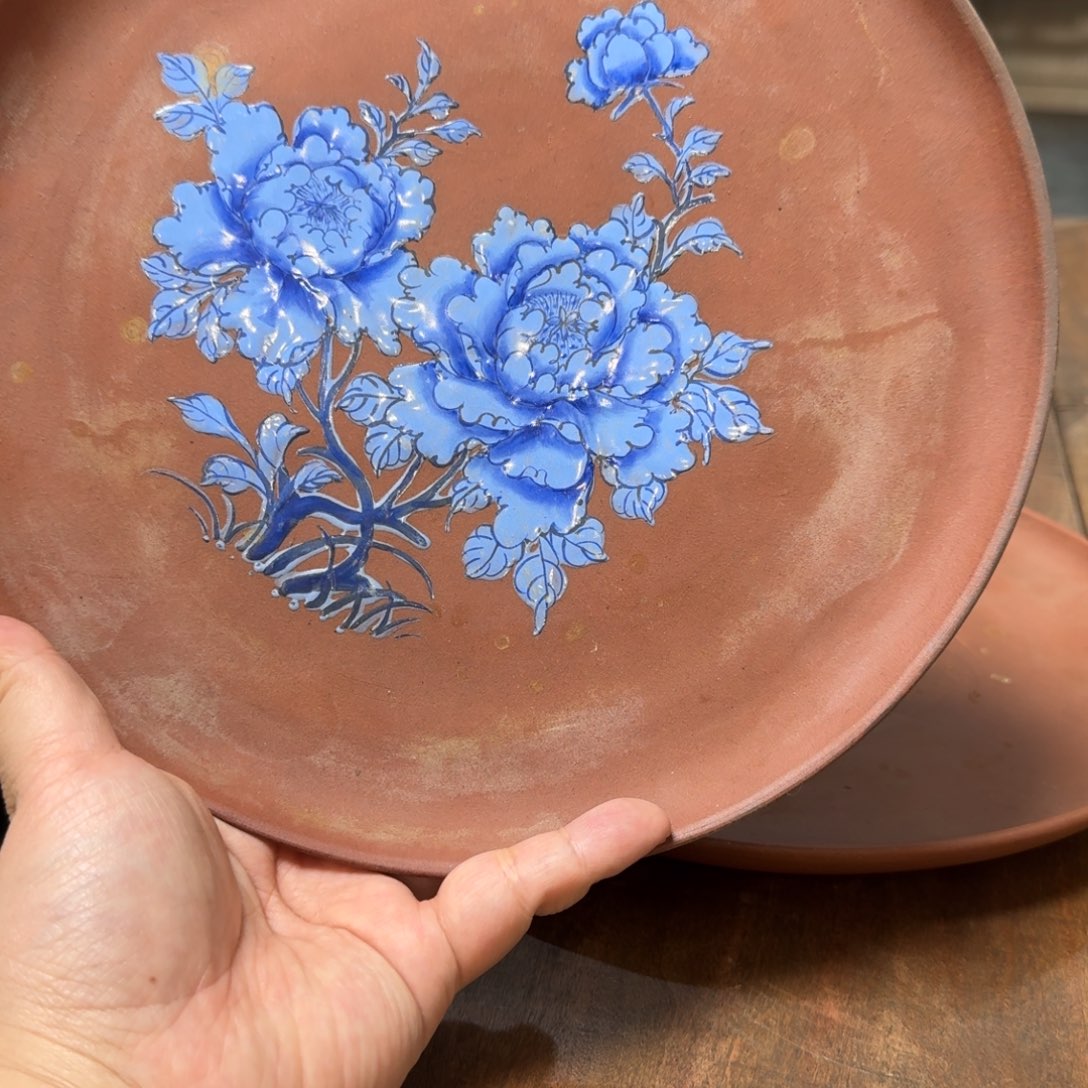 紫砂茶杯W*蓝彩牡丹花26