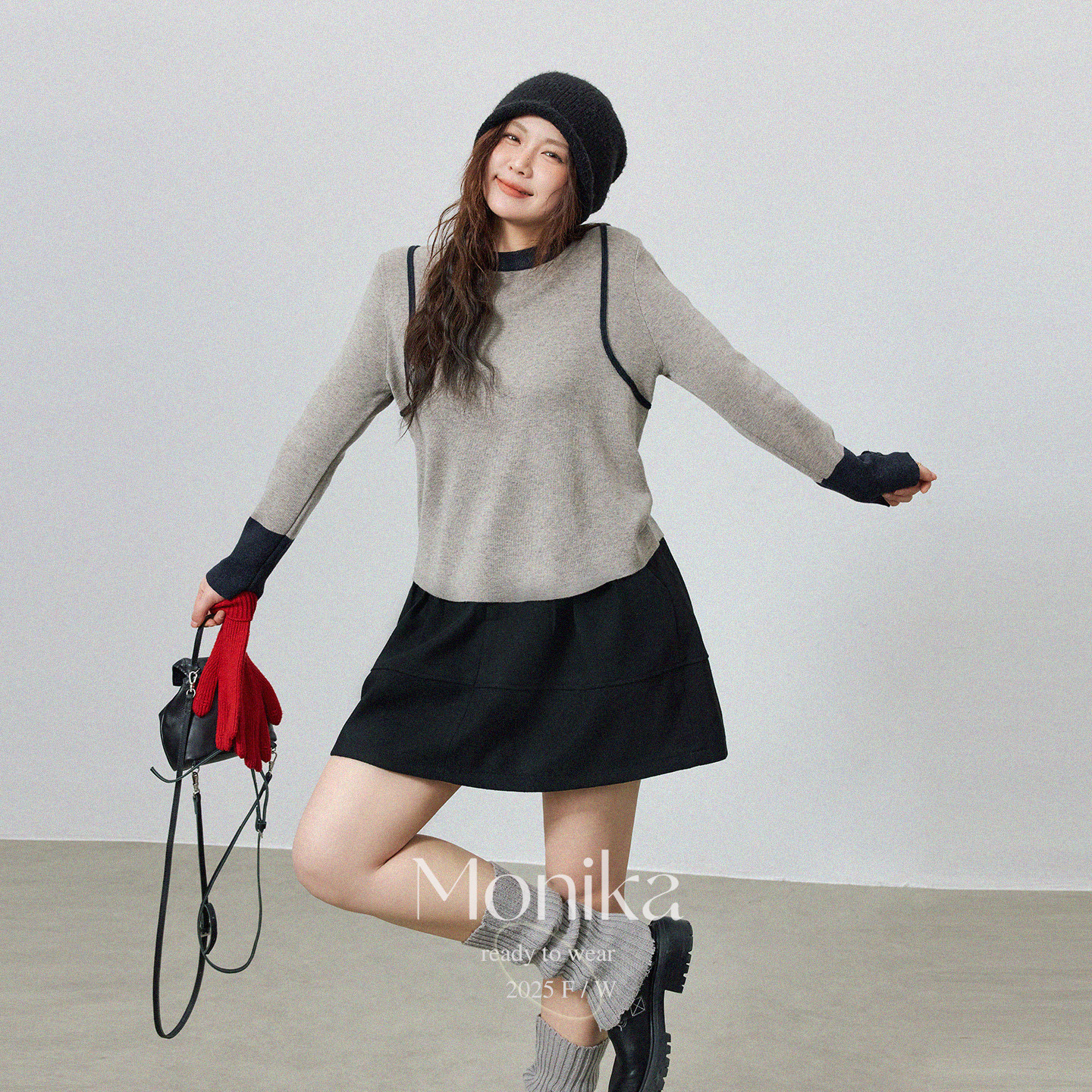 大码女装拼接冬季灰色套头韩系宽松女装长袖上衣针织内搭15628