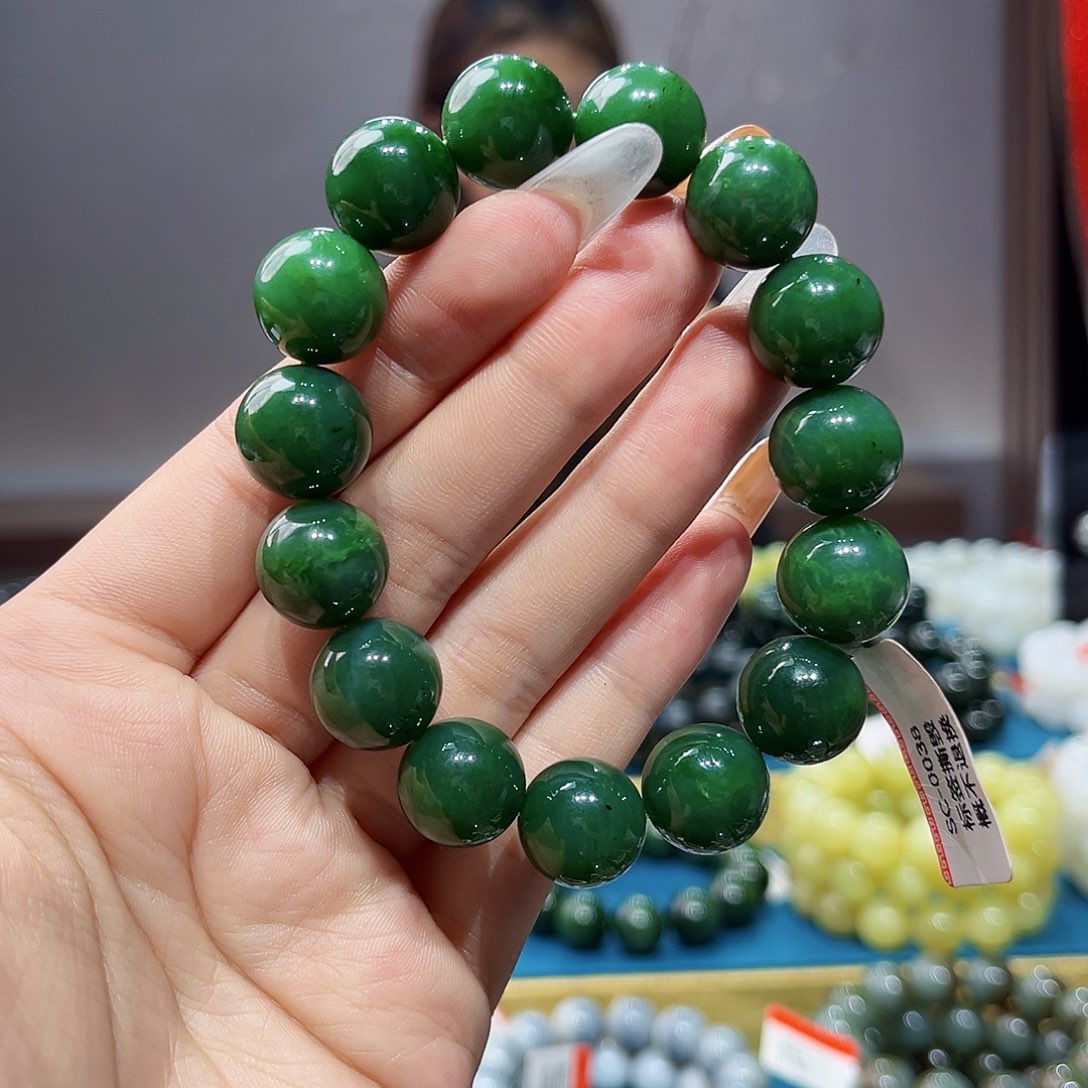 手链未镶嵌和田玉纯天然和田玉俄碧5号菠菜绿14