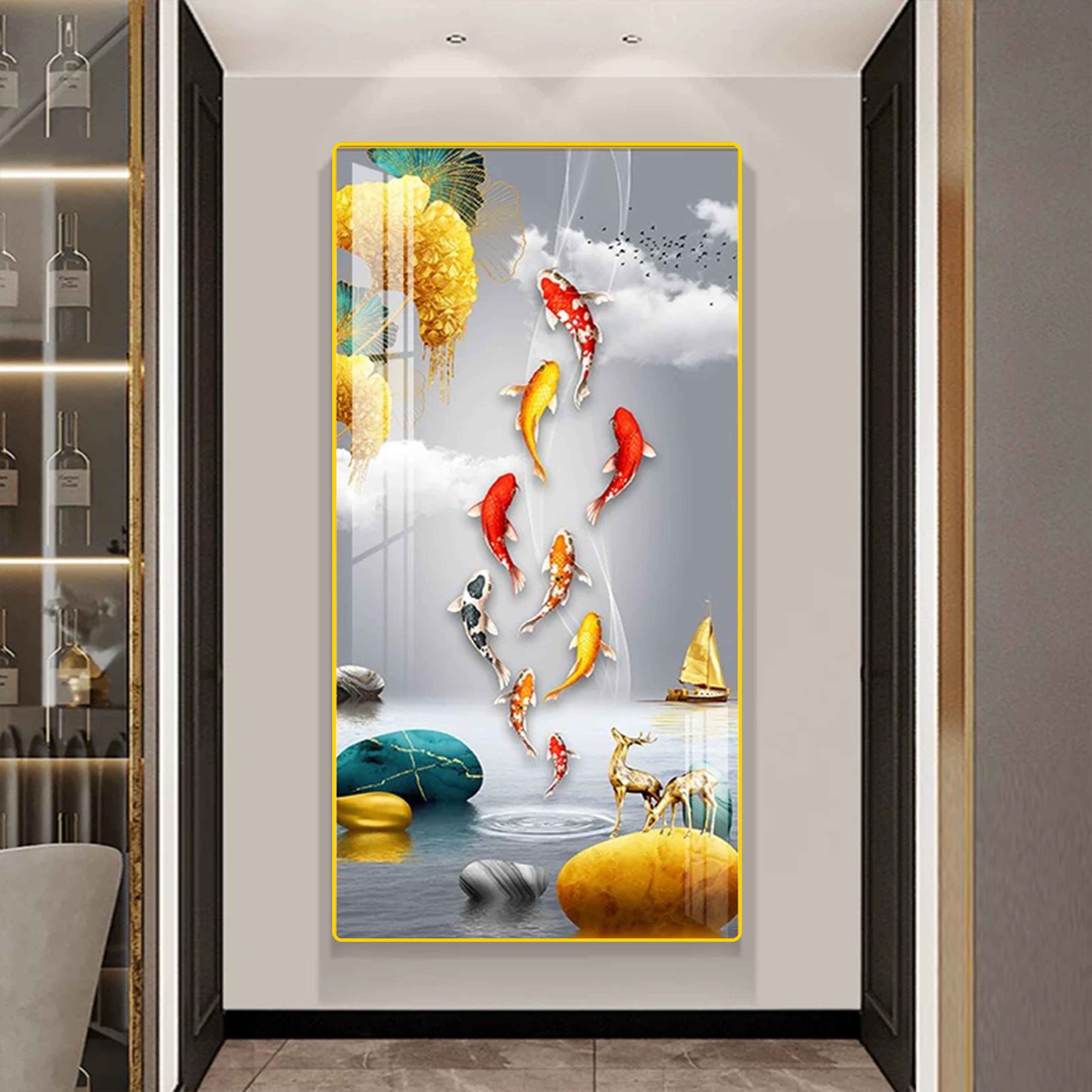XG20入户玄关装饰画现代简约正对门走廊过道竖版九鱼图挂画寓意好
