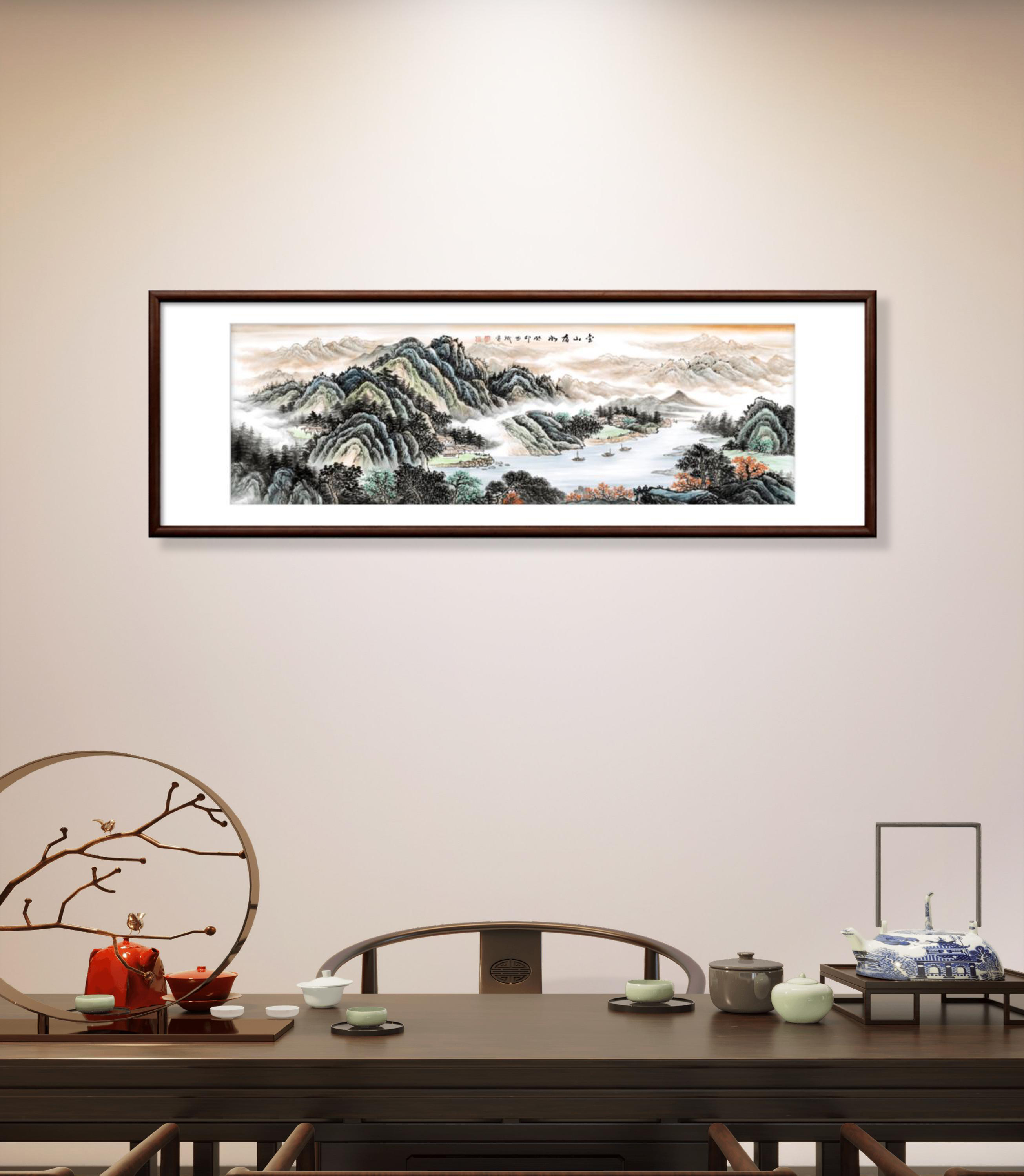 新中式《金山富水B款》微喷复刻办公室客厅书房实木画框