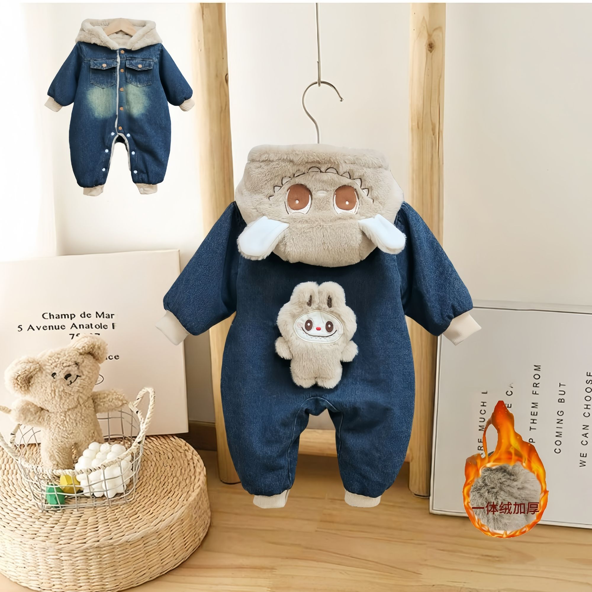 J新款加绒加厚男女宝可爱玩偶小兔满月周岁肉牛仔外出连体哈衣D92