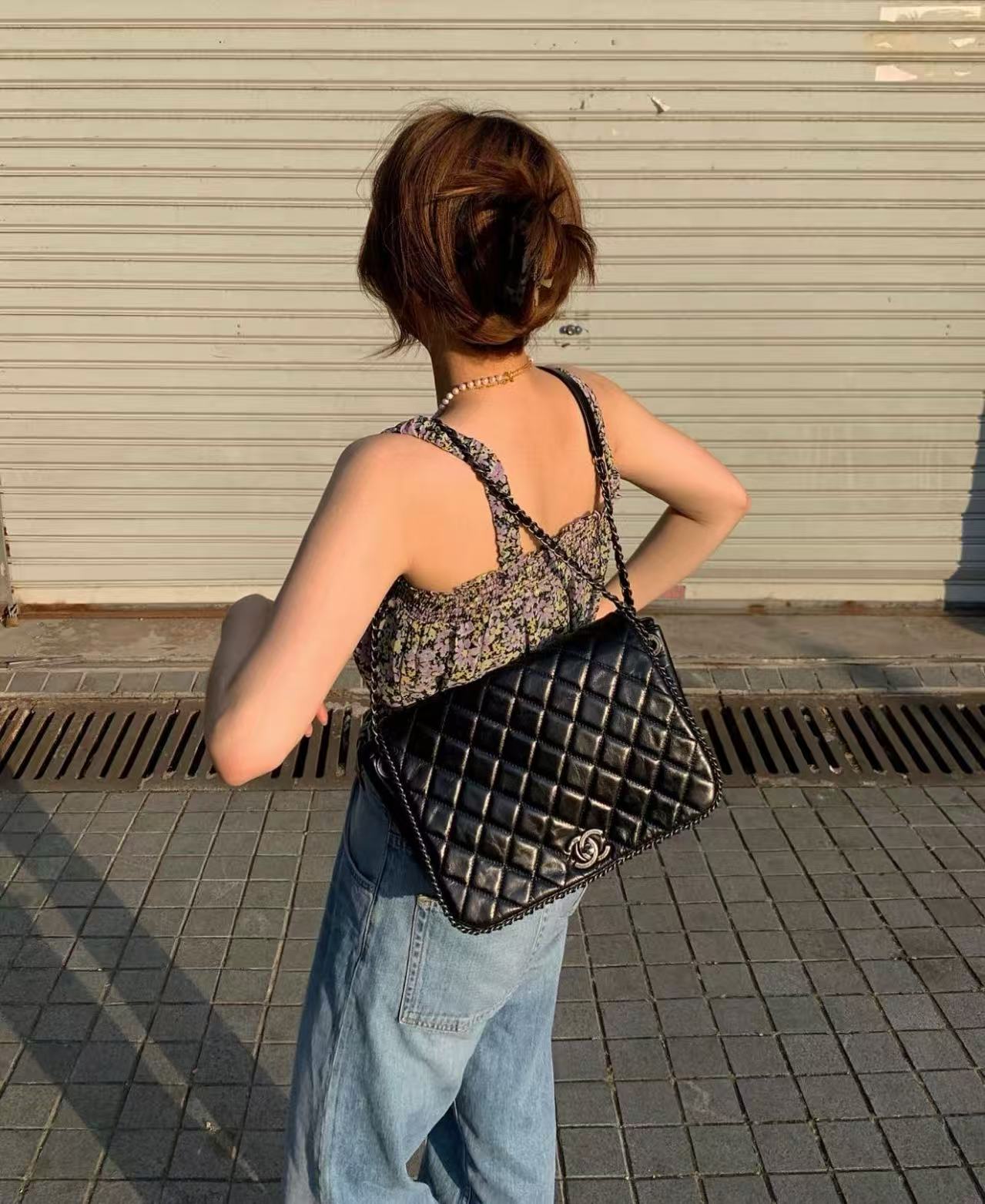 95新 Chanel/香奈儿 黑银滚边翻盖南瓜斜挎包 21开底长28