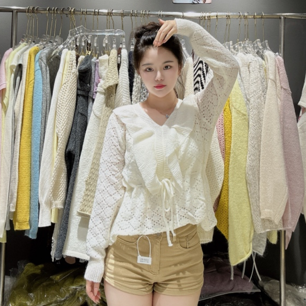 女装百搭时尚薄款收腰显瘦毛针织衫镂空毛衣长袖