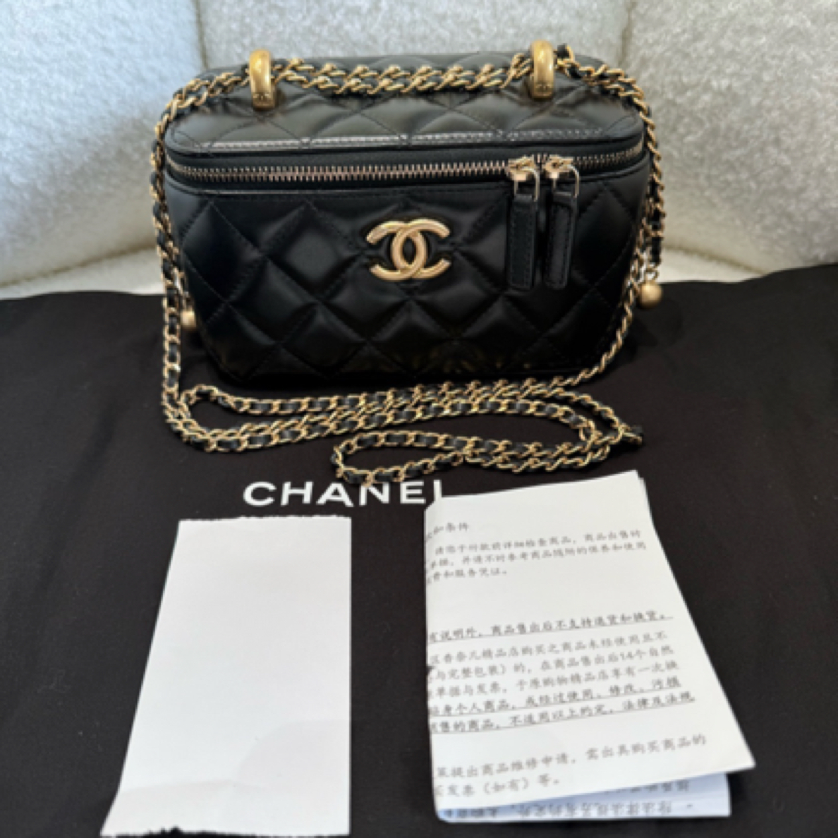 未使用 Chanel/香奈儿 24C黑金双金珠抽绳长盒子包N0111