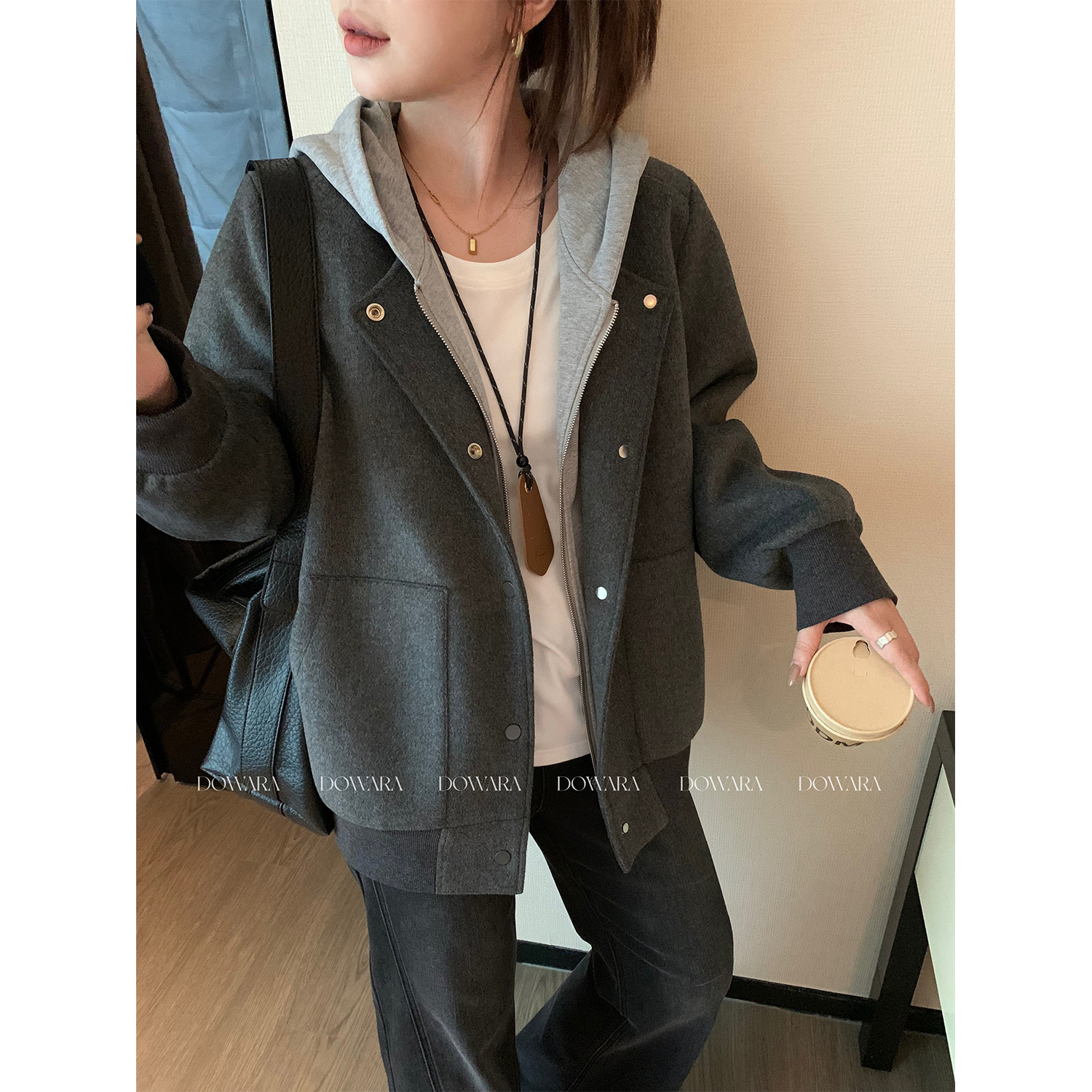 现货大婉酱微胖定制【陨石拿铁】秋季假两件连帽宽松气质外套0092D