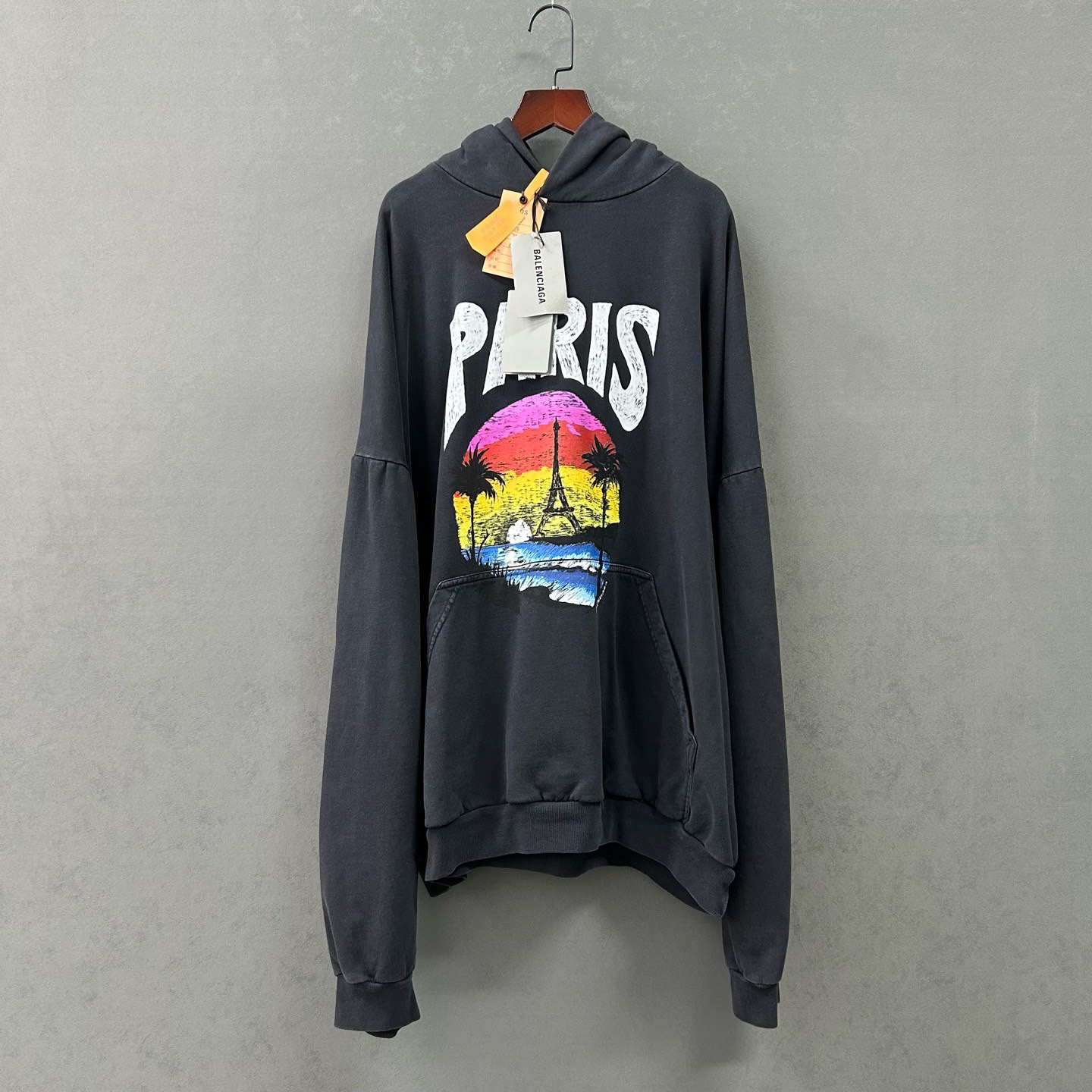 99新 Balenciaga/巴黎世家 铁塔棕榈树logo做旧帽衫4码 cl01128
