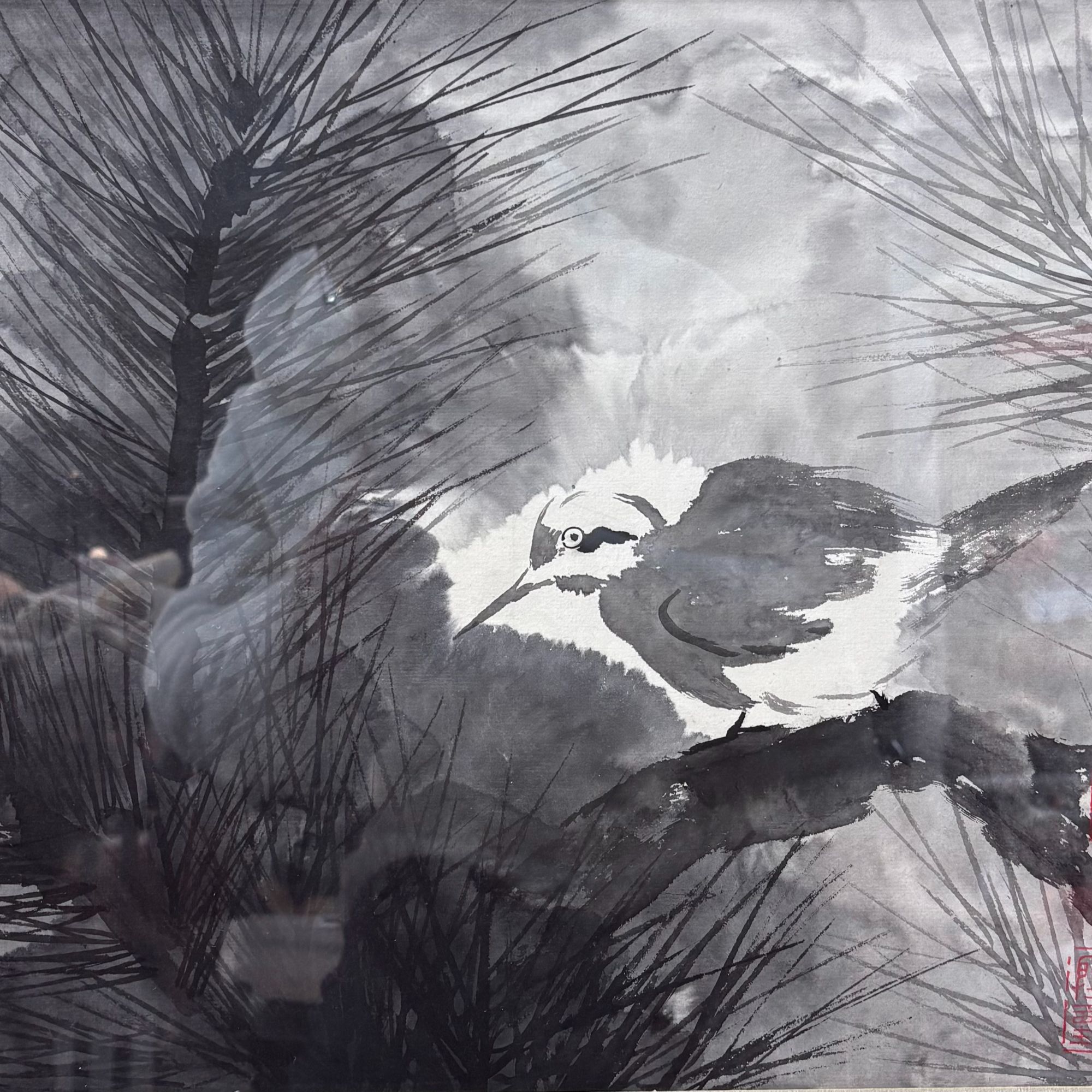 卢老师 松针小鸟图 34.5*45.5cm