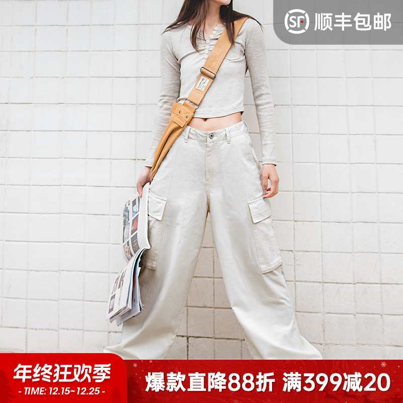 马登美式休闲运动阔腿裤小个子白色机能工装裤日系直筒休闲裤秋女