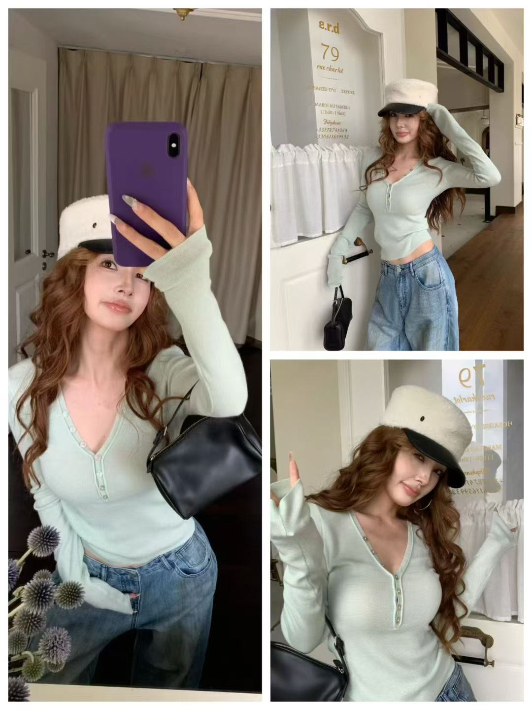 【现货】GENTLETHORNS贝壳扣V领羊毛女韩版打底打底衫新款短款毛衣