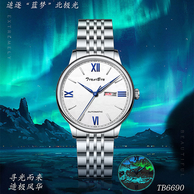 全新未使用 瑞士TIANBIN 梦幻极光系列时尚自动腕表 赠手串皮带YH