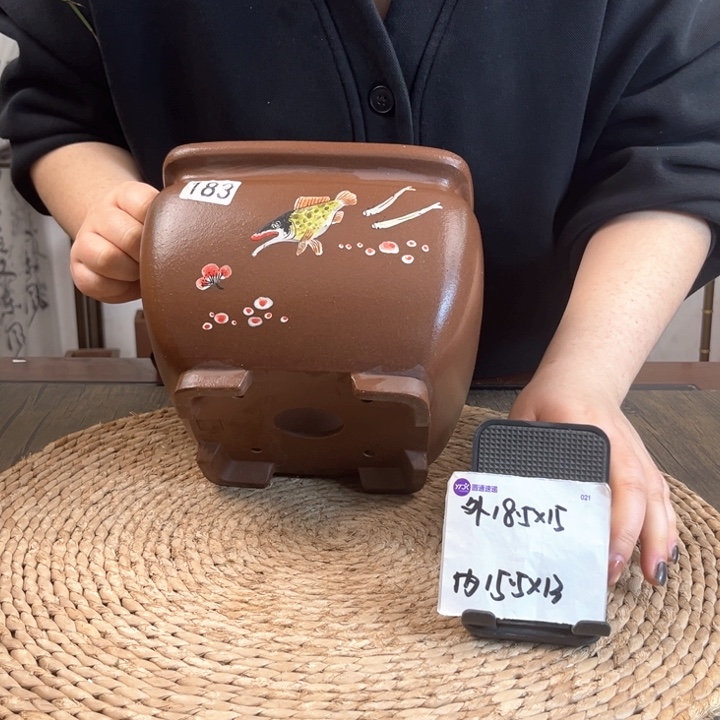 紫砂花盆紫玉金砂鱼趣手绘束口四方183
