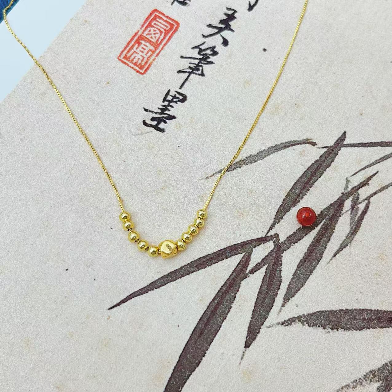 【传杰专属】足金24K黄金方糖吊坠赠送合仔链十全十美配珠套链G73