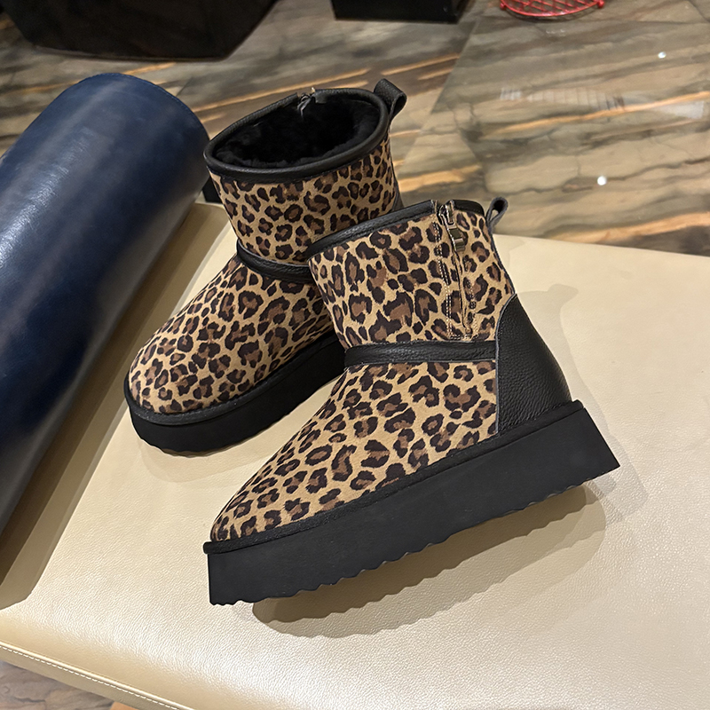 豹纹牛皮雪地靴女冬加厚真羊皮毛一体厚底增高加绒保暖时尚短靴