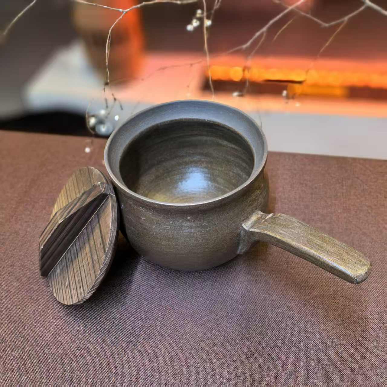 全手工古陶侧柄釜（定制）-宜兴紫砂壶泥餐具