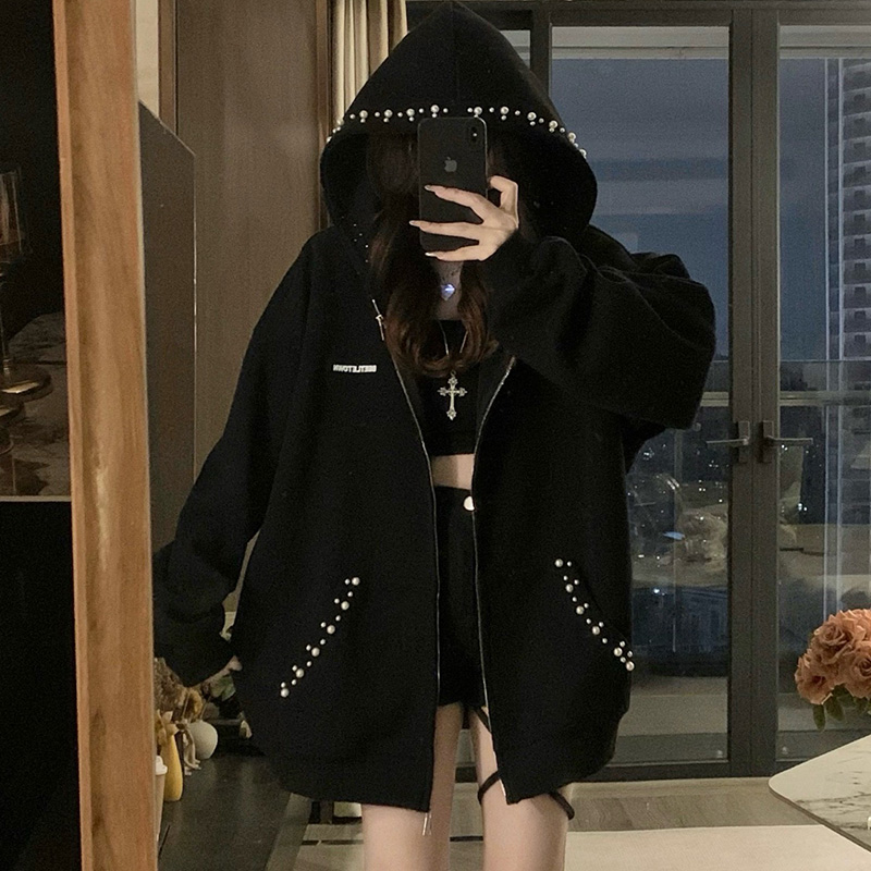 美式复古卫衣钉珠开衫女潮流连帽字母美式休闲韩版刺绣薄款情侣衣