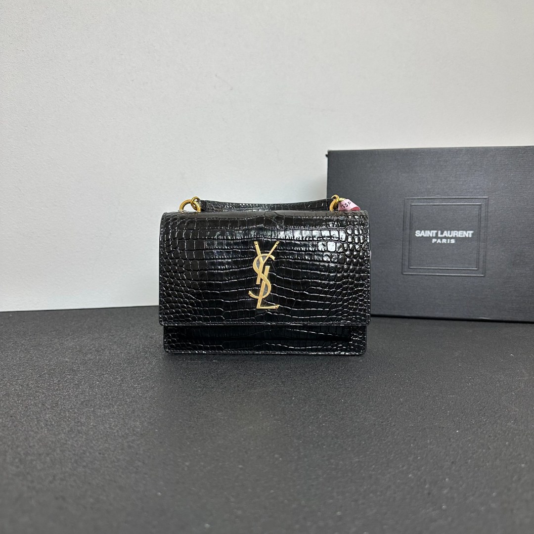 未使用 YSL/圣罗兰 壹所奢品/YSL 日落 鳄压纹 小号 黑金 闲置