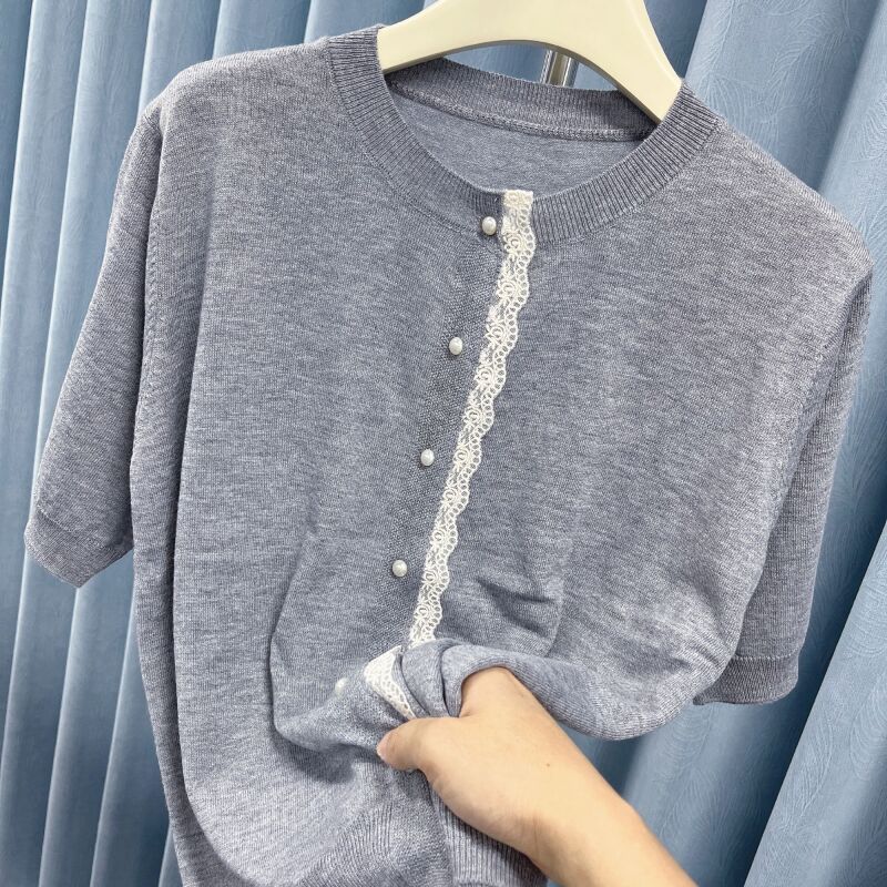 品质/天丝细羊毛/凉爽透气/重工花边开衫设计款/针织短袖A115