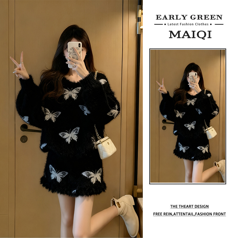 蝴蝶印花拼接毛边设计感针织套装女2025秋冬慵懒风显瘦减龄两件套