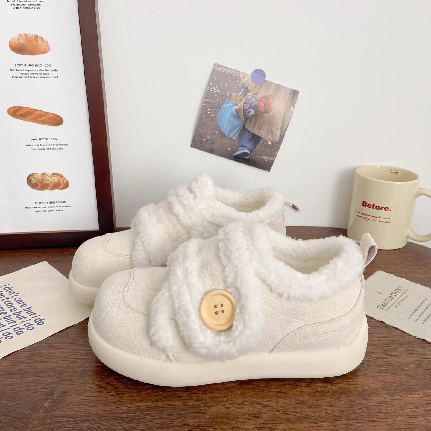 奶油加绒魔术贴板鞋女厚底冬季新款棉鞋chic小众面包鞋保暖小白鞋