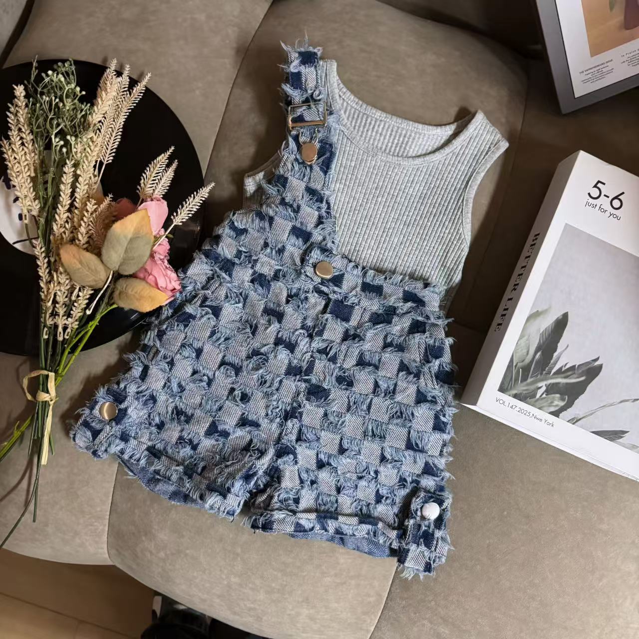 女童背心单肩背带短裤套装2025夏季水洗软牛仔热裤连体无袖两件套