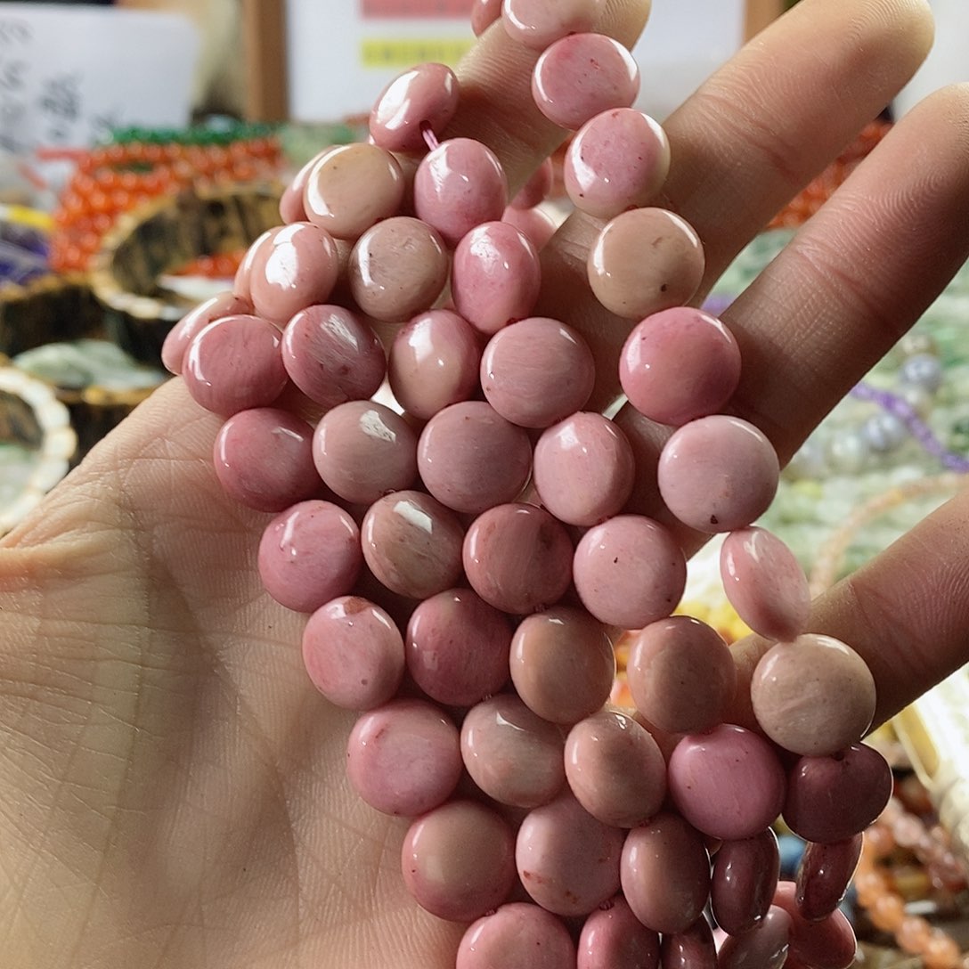 玛瑙/玉髓珠宝半成品合金一条天然5×12粉蔷薇石圆饼A级