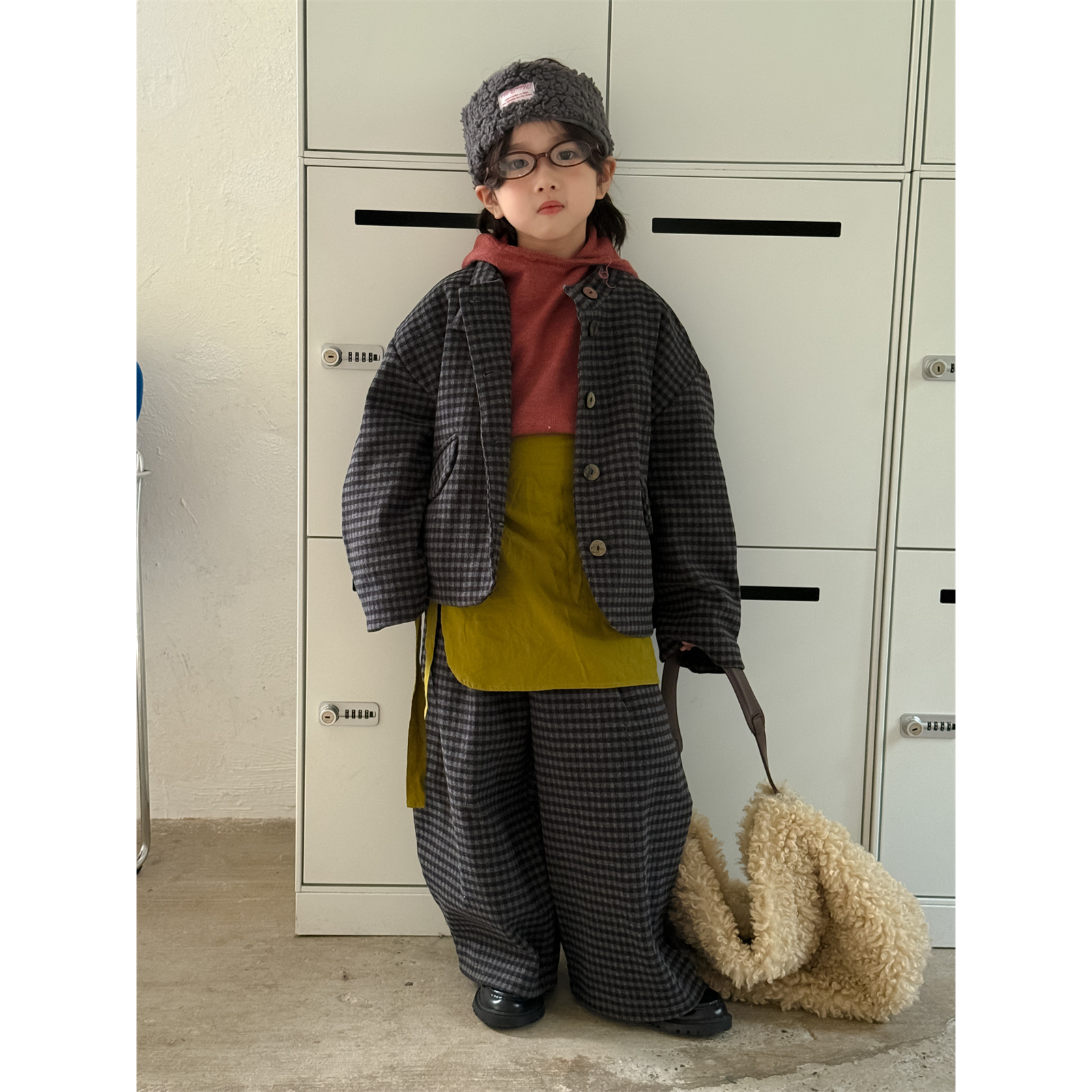in 爱:nl25冬儿童韩版格子加棉套装男童毛呢夹棉洋气两件套91359