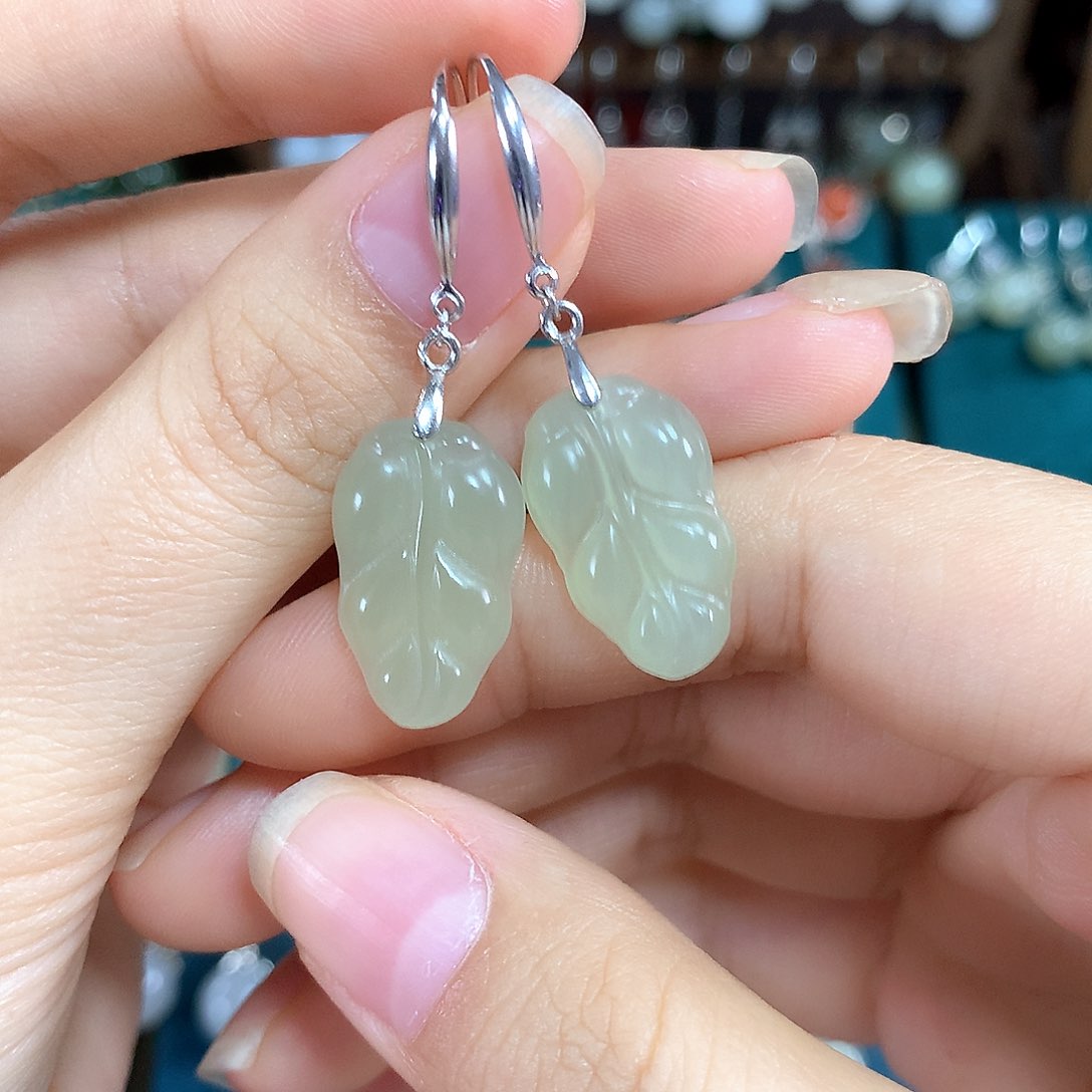 和田玉银S925镶嵌耳饰金枝玉叶19.5*12左右