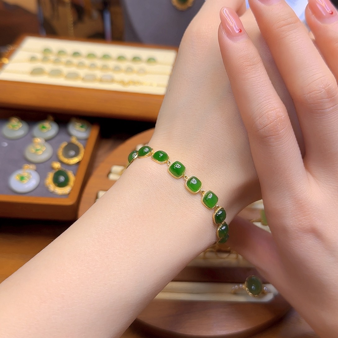 和田玉手链银S925镀金镶嵌