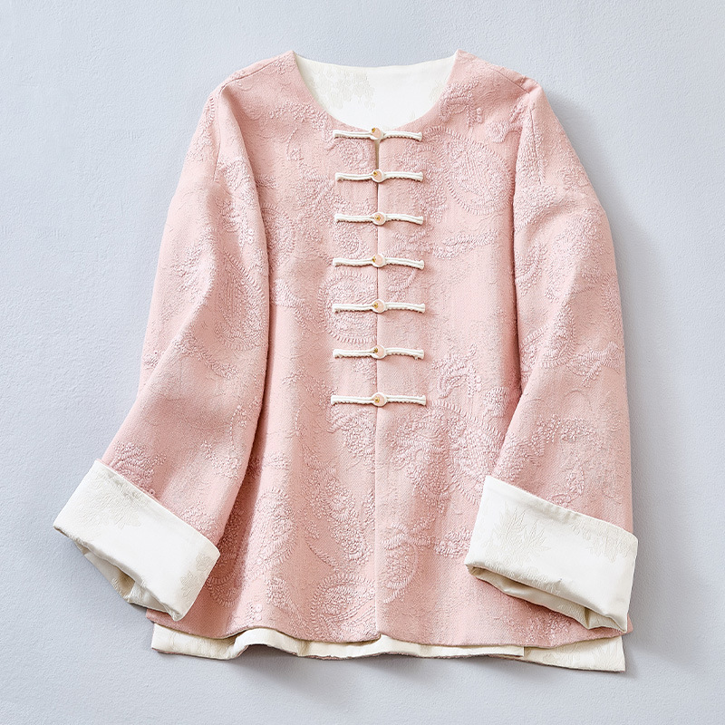 【桃花醉】新中式国风重工棉麻提花圆领外套粉色圆领小廓形休闲上衣
