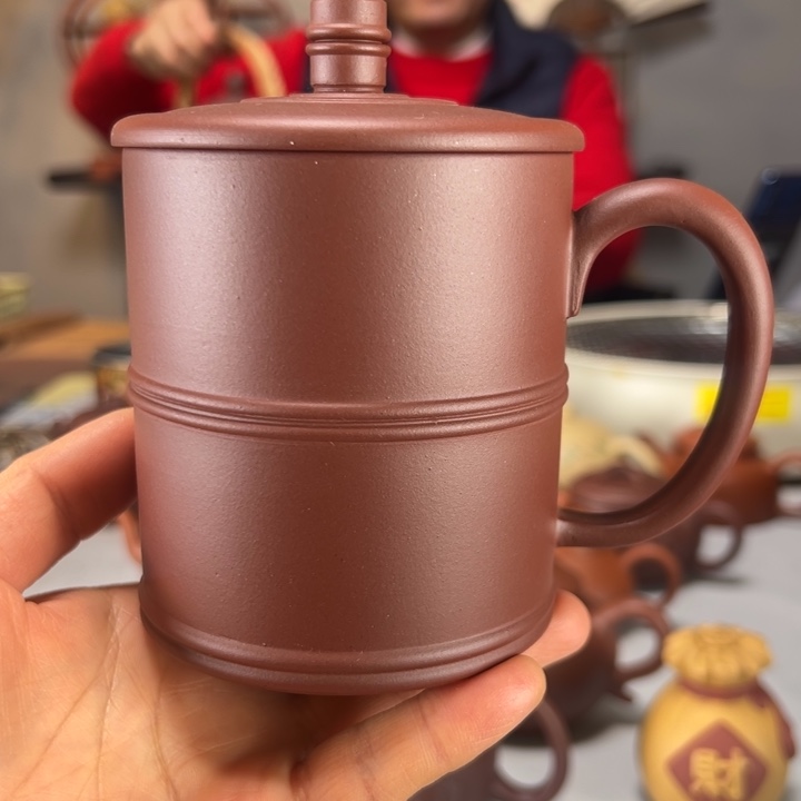紫泥茶杯紫砂清水泥双线杯
