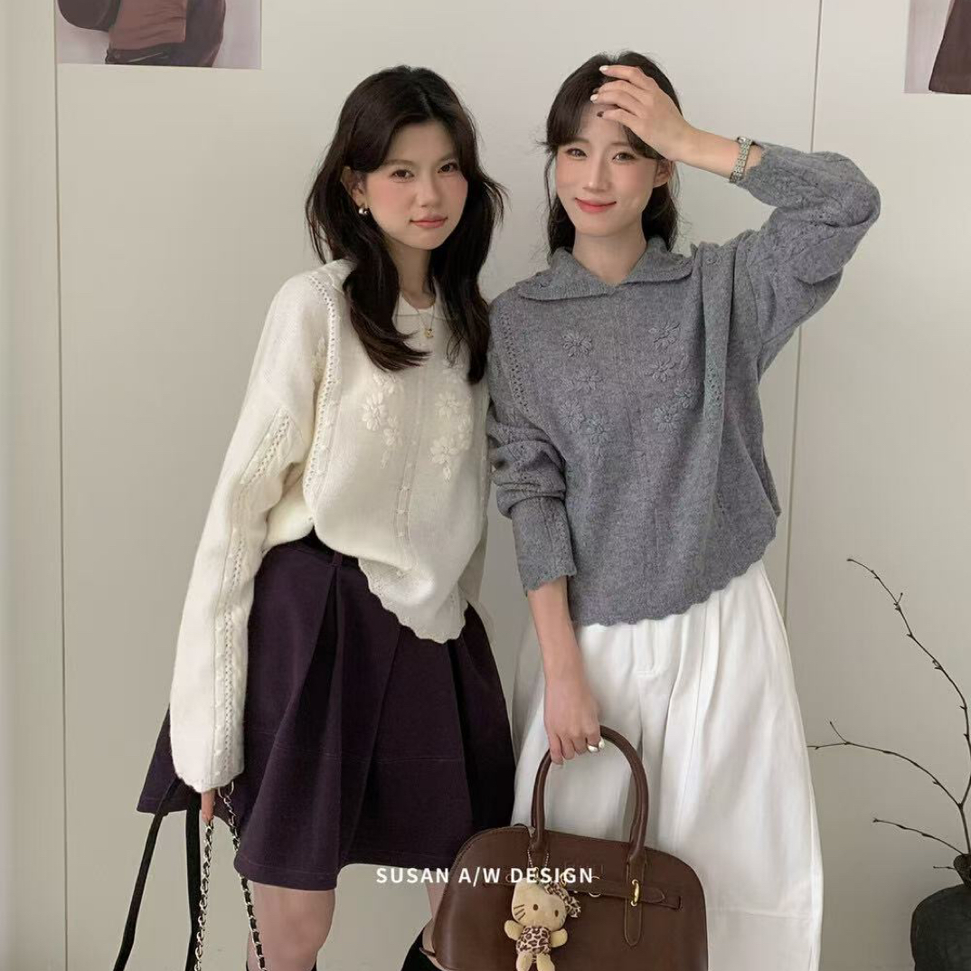 C/253S （羊毛100%）韩系甜美重工钩花翻领显瘦毛衣 9-29