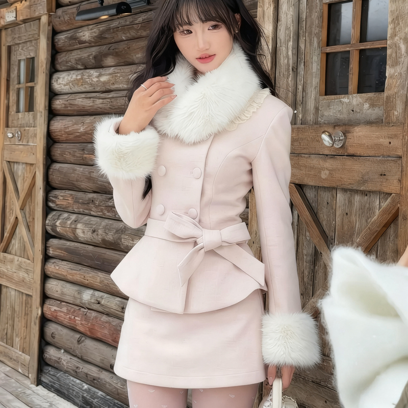 冬季新款千金感毛绒拼接长袖收腰外套纯欲名媛减龄包臀短裙两件套