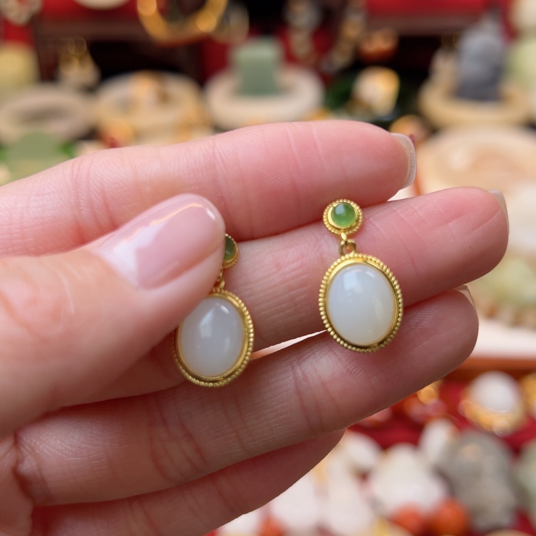 和田玉耳饰银S925镶嵌