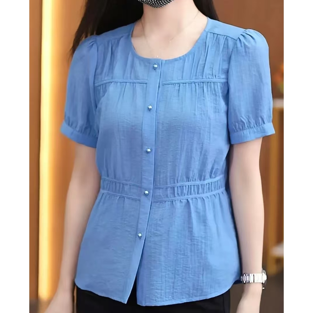 2025夏季新款短袖衬衫s1时尚宽松文艺圆领百搭洋气显瘦气质