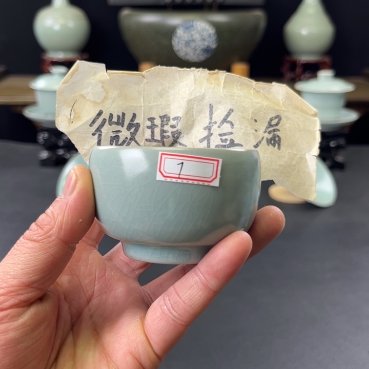 杯仿古釉汝官窑罗汉杯7号微瑕捡漏