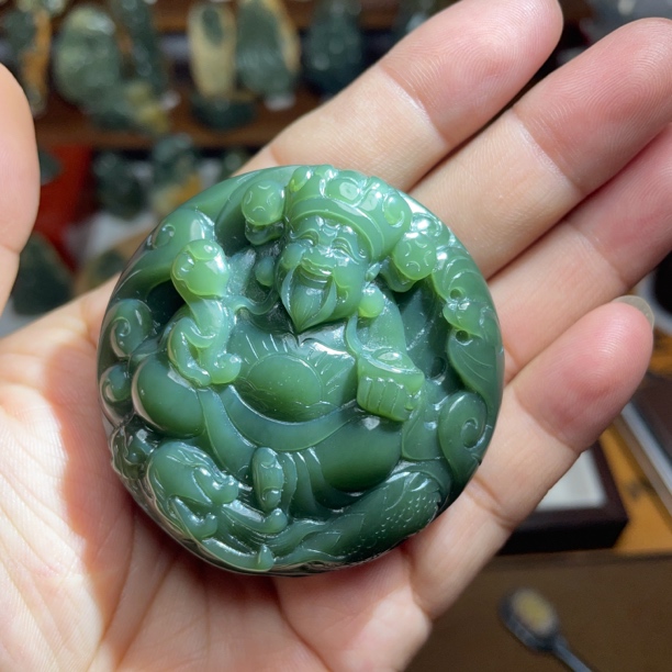 纯天然河磨玉财神大手把