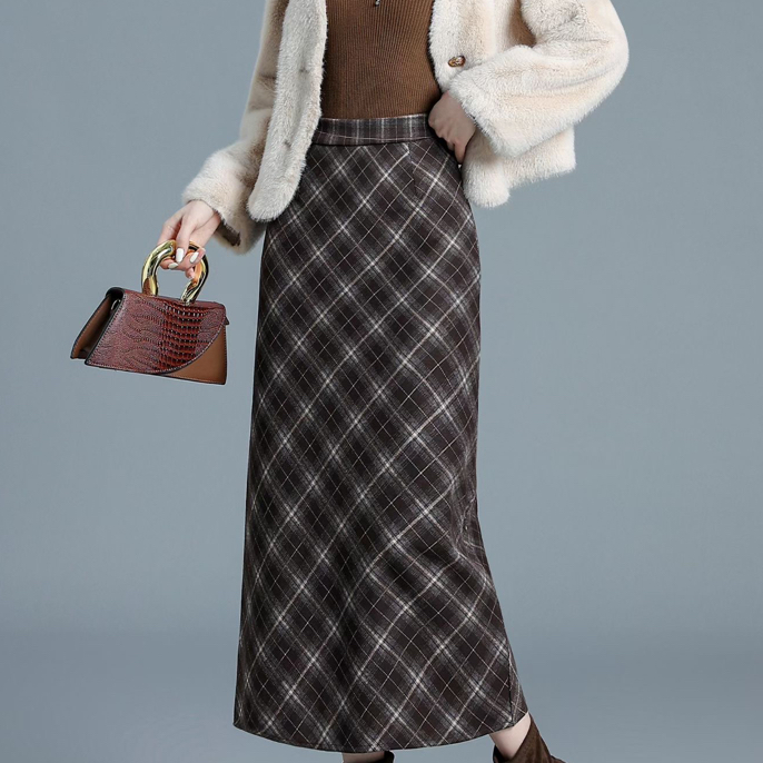 高腰显瘦格子毛呢半身裙秋冬中长款包臀百搭气质半身裙