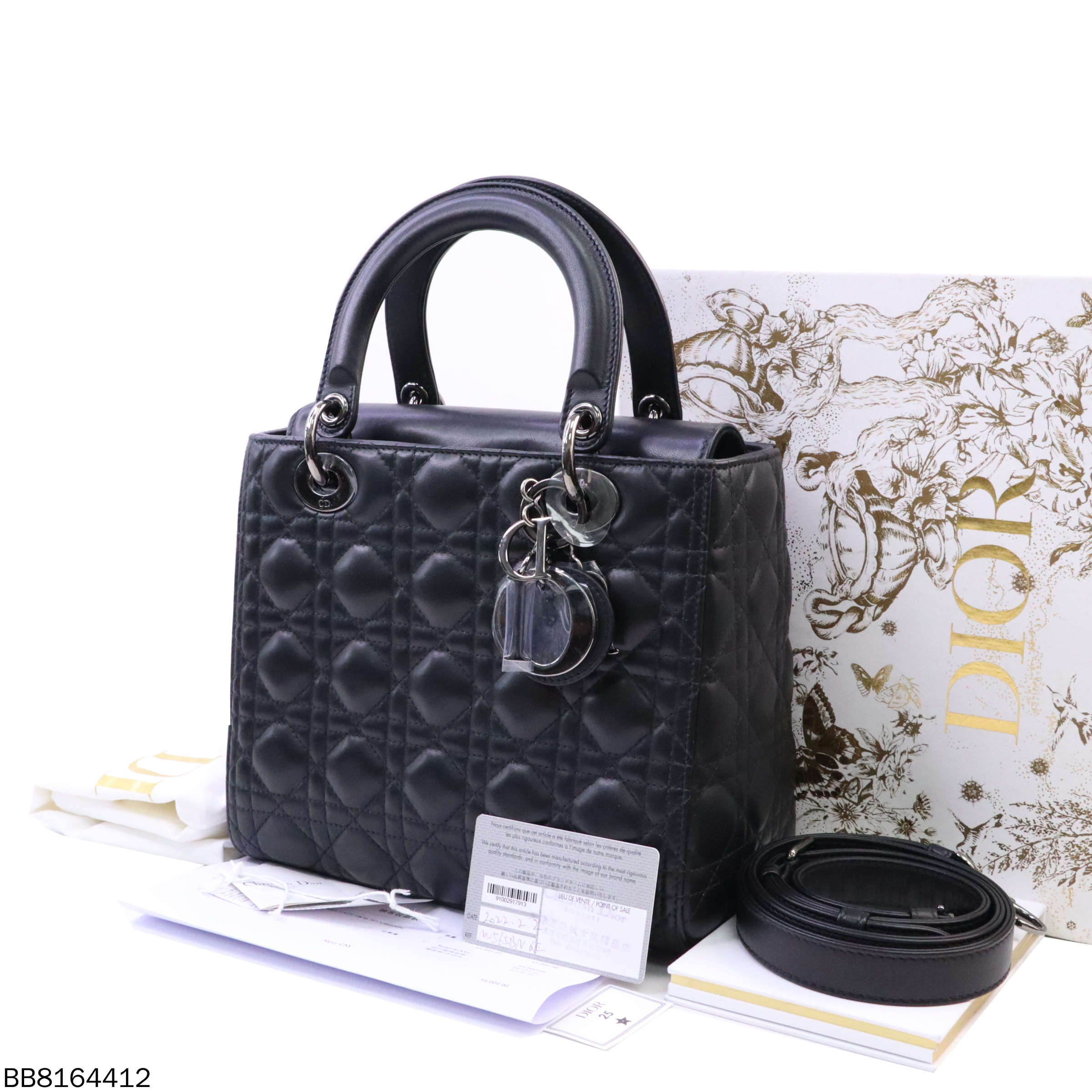 99新 DIOR/迪奥 黑色羊皮革藤格纹中号戴妃包临/BB8164412