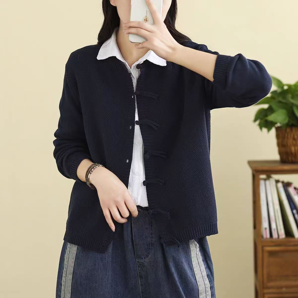 春秋新款百搭新中式盘扣毛衣外套宽松洋气圆领针织开衫上衣女