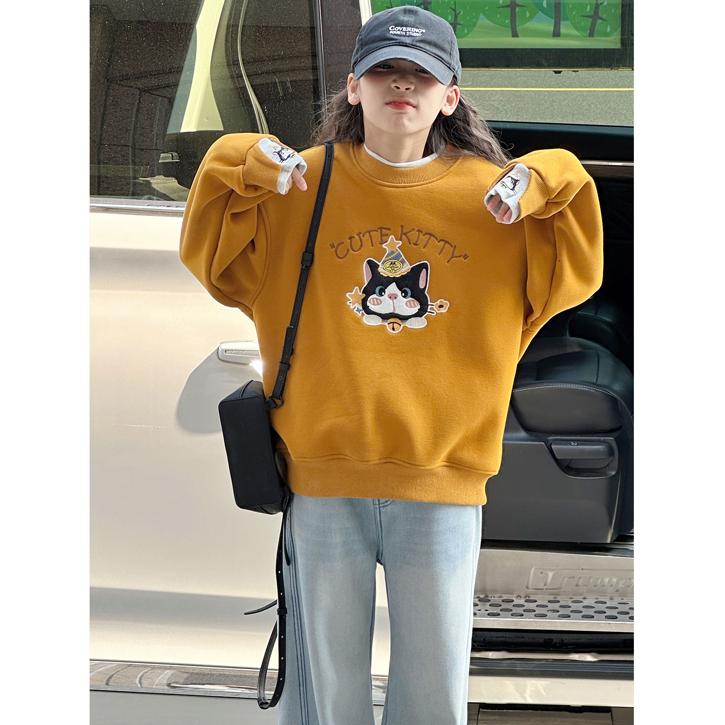 K30390孙小美假两件猫咪绣花女童加绒卫衣秋冬装2025新款儿童加厚