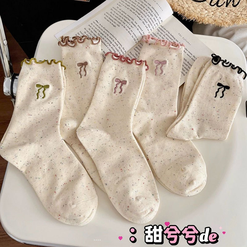 【新店福利】【5双装福利】木耳边可爱透气袜子春秋款木耳边蝴蝶结袜