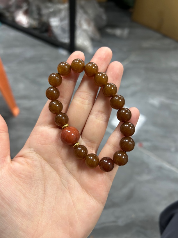 二凡木作珠宝/天然新疆且末糖搭配大顶珠柿子红玛瑙手串