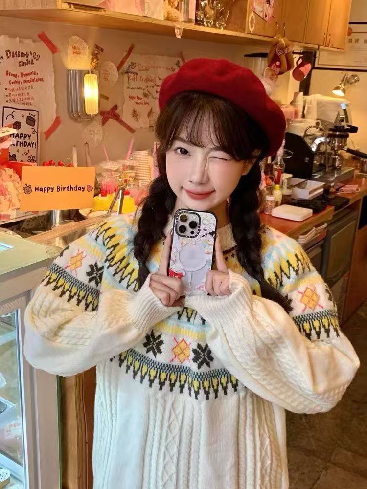 超甜美！秋冬圣诞复古费尔岛慵懒风麻花毛衣女灯笼袖宽松厚针织衫