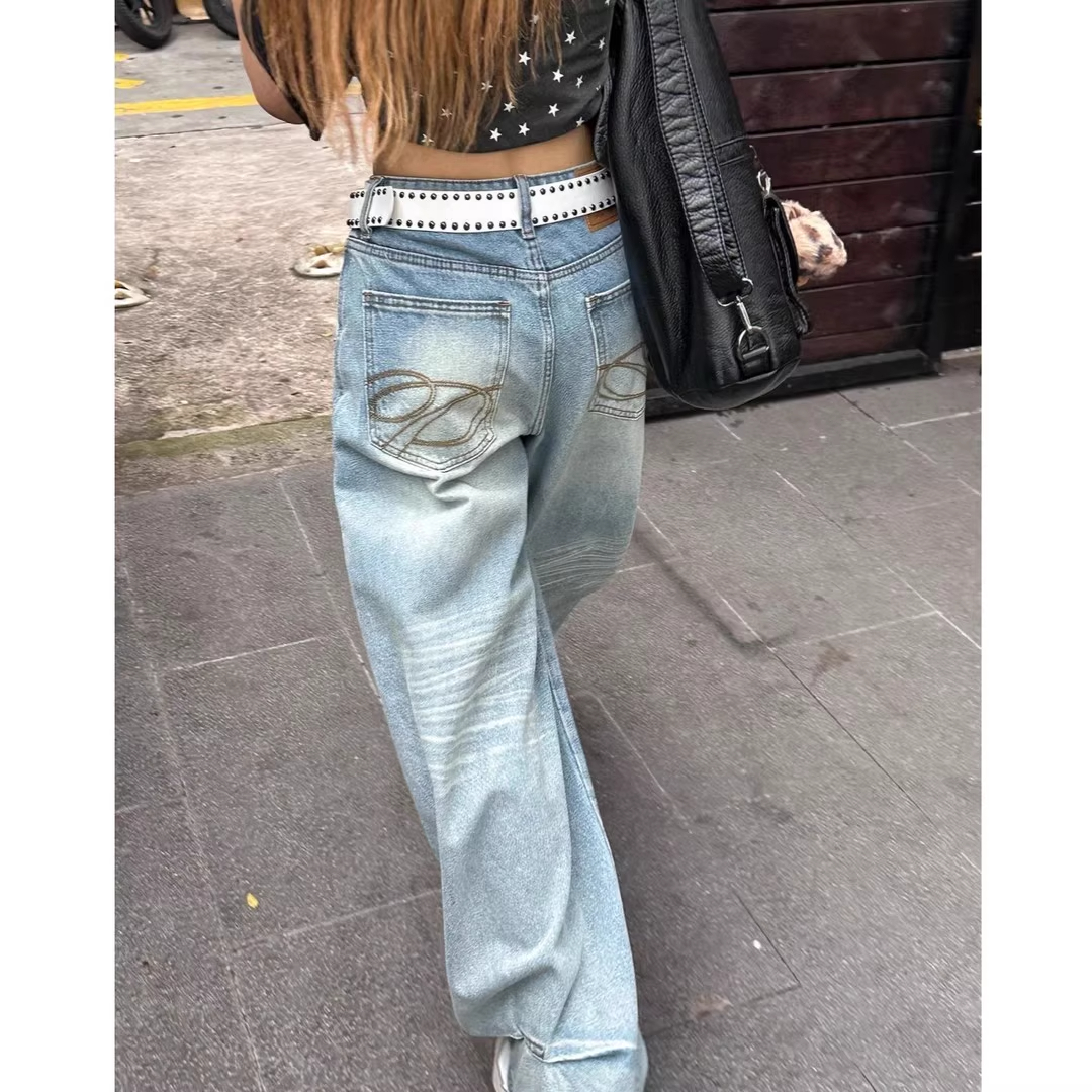 【运费险】美式复古口袋刺绣牛仔裤女新款宽松高腰显瘦阔腿拖地长裤