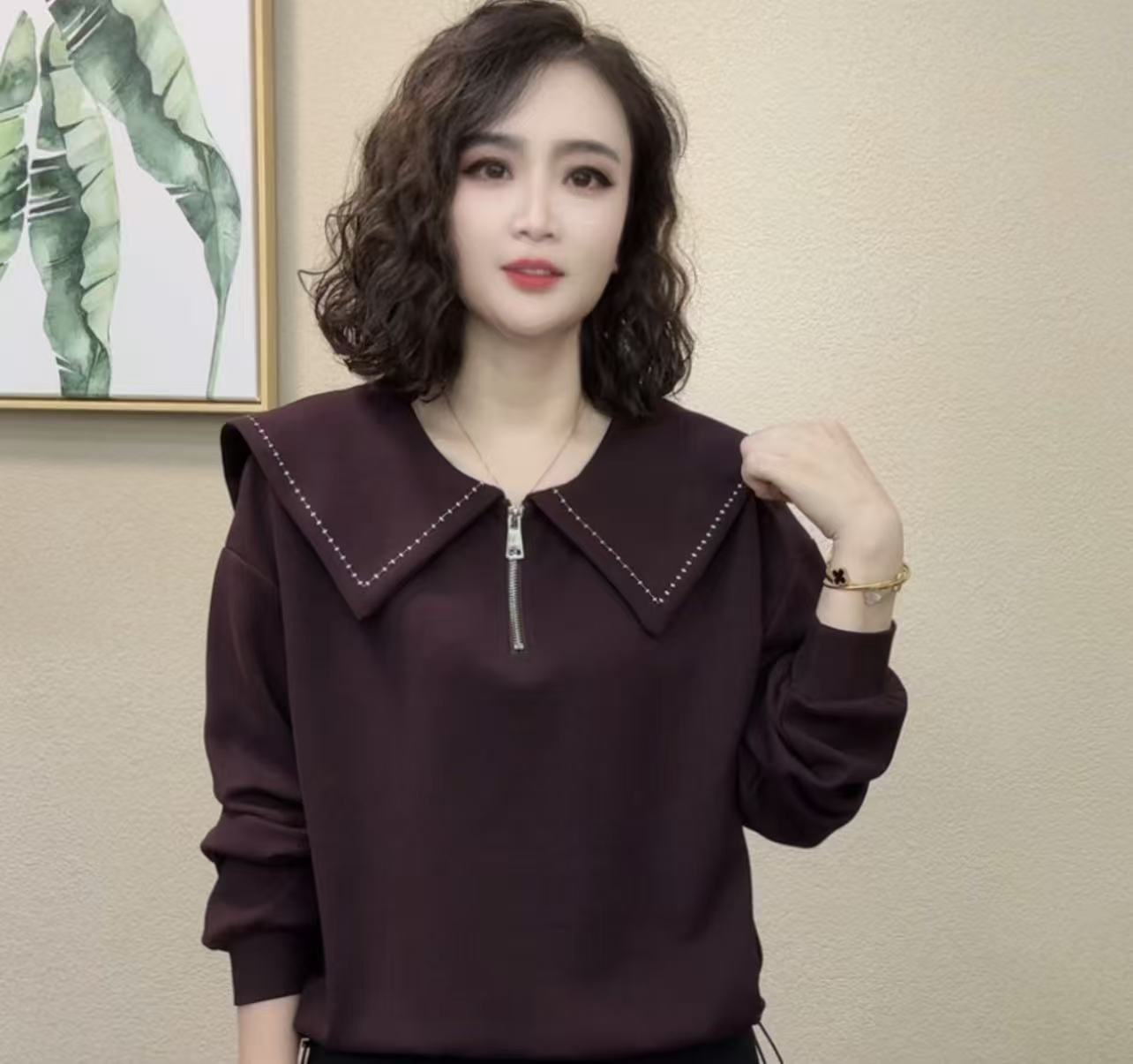 2025秋季新款时尚洋气显瘦纯色半拉链设计感女士长袖上衣#8421462