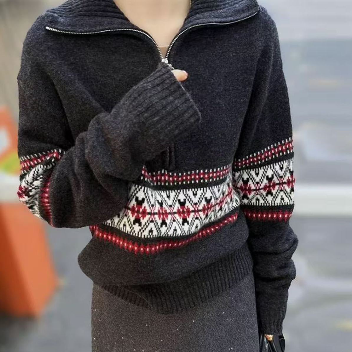 费尔岛提花半拉链立领毛衣女2025新款秋冬慵懒风高级感针织衫6910